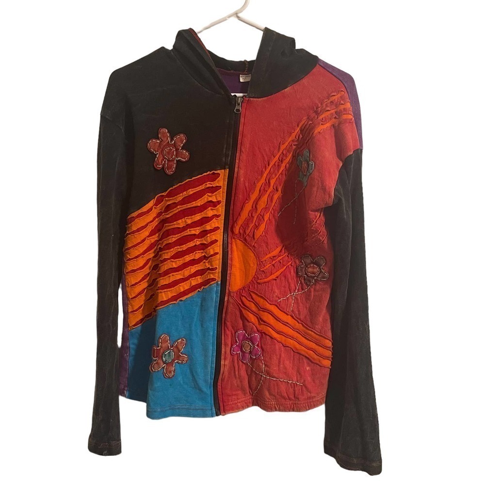 Multicolored Patchwork Embroidered Hippie Zip Up … - image 1
